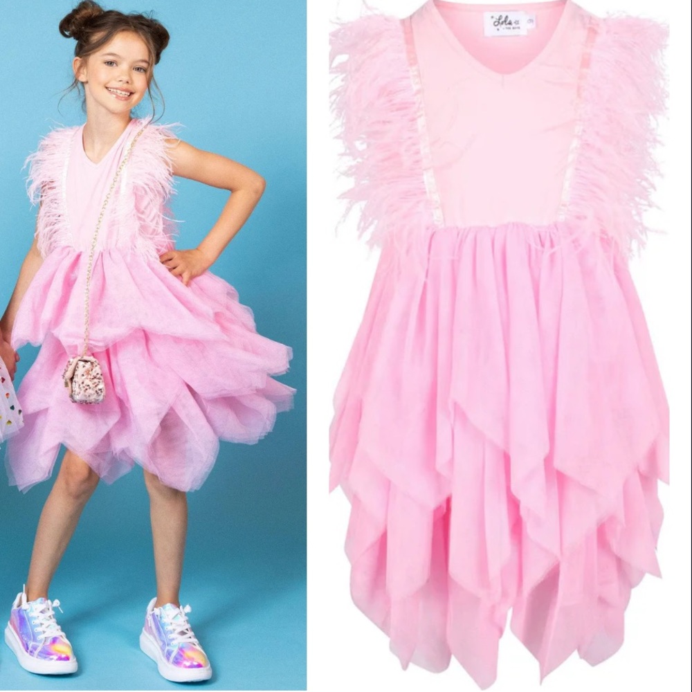 Lola + The Boys Bubble Gum Pink Gigi Dress Feather-Trim Tulle Skirt Party SZ 12